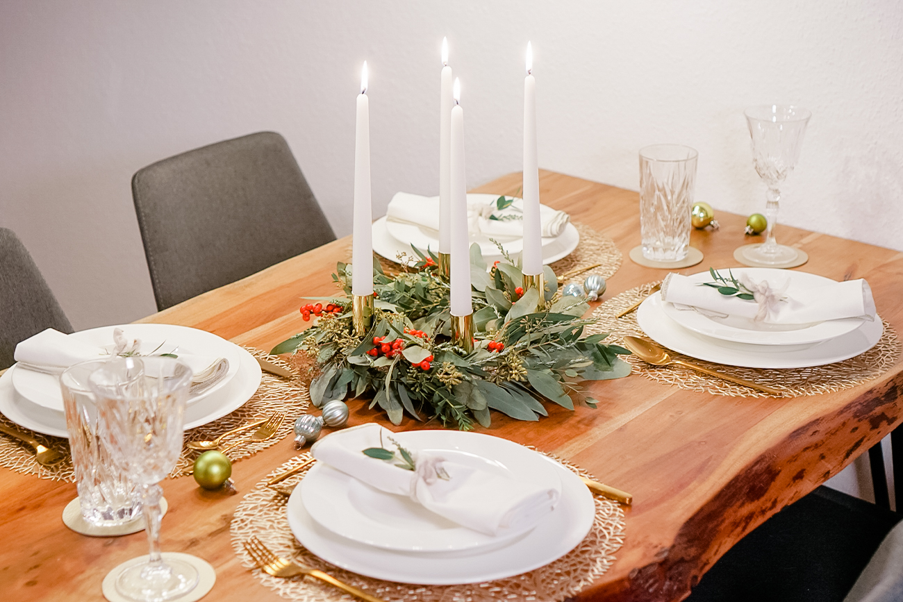 Festive Christmas Table with Holiday Wreath